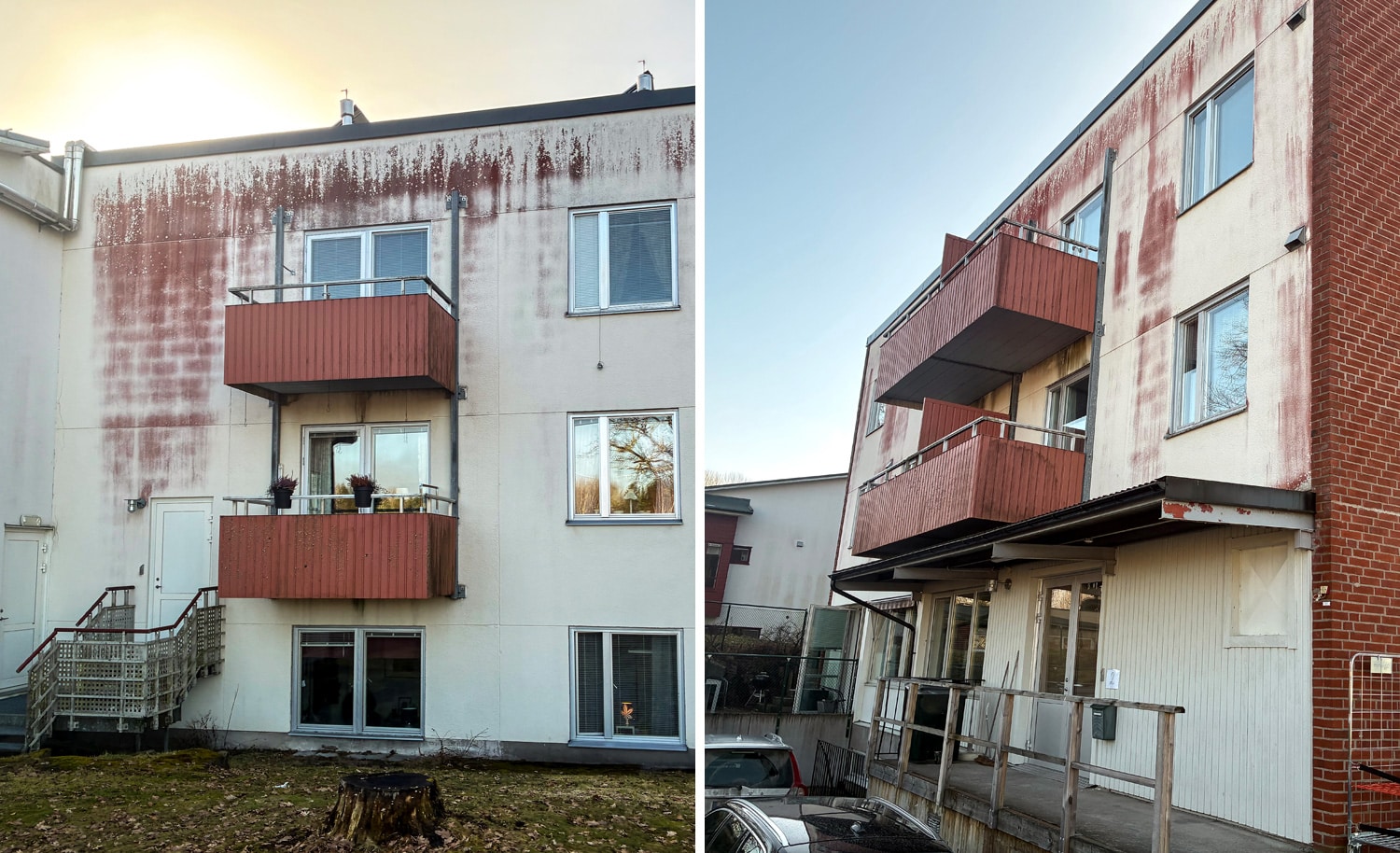 Dessa bilder visar hur fastigheten vid äldreboendet Björkbackensåg ut före och efter Miljönärens renovering av ytskiktet.