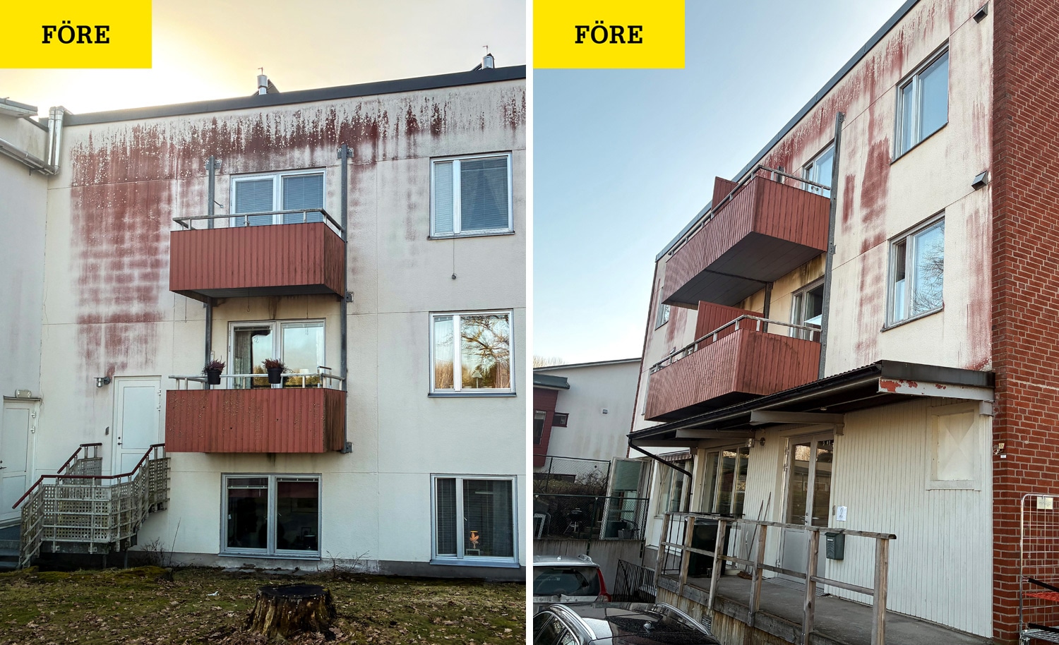 Dessa bilder visar hur fastigheten vid äldreboendet Björkbacken såg ut före Miljönärens renovering av ytskiktet.